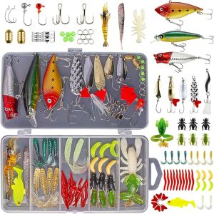Fishing Lures Kit for Freshwater Bait Tackle Kit for Bass Trout Salmon Fishing Accessories Tackle Box Including Spoon Lures Soft Plastic Worms Gifts for Men