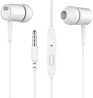 Wired Earphones with Microphone, Stereo Bass, Noise Isolation, in-Ear Headphones Compatible with Smartphones, Tablets, Laptops – White